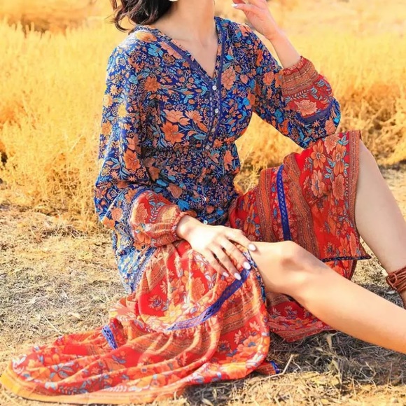 SOLD OUT Floral Bohemian Button Front Maxi Dress - Picture 4 of 5